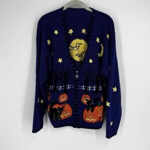 Vintage Halloween cardigan sweater medium M blue 90s pumpkin black cat bats